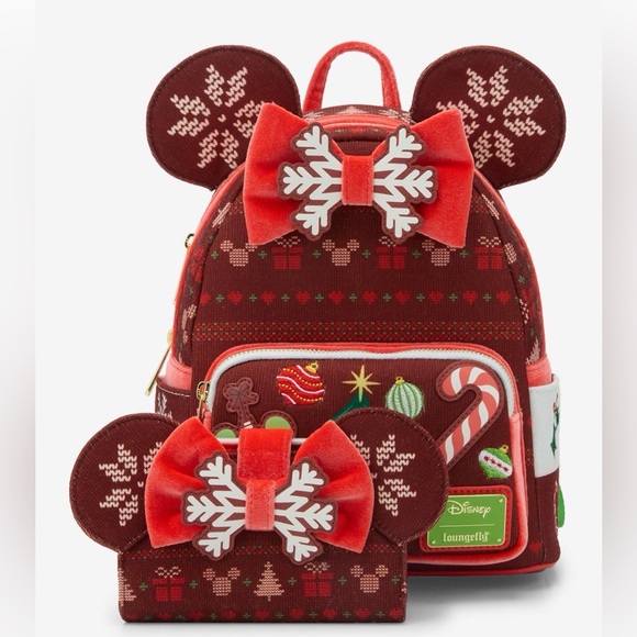 Loungefly Handbags - Loungefly Disney Minnie Mouse Sweater
Holiday Mini Backpack & wallet NWT